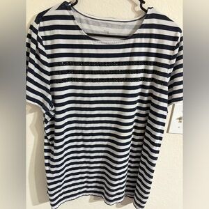 Arizona Jean Company Navy Blue and White Striped Beaded Short Sleeve Tee. GUC.